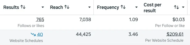 Campaign results showing follows or likes and website schedules.